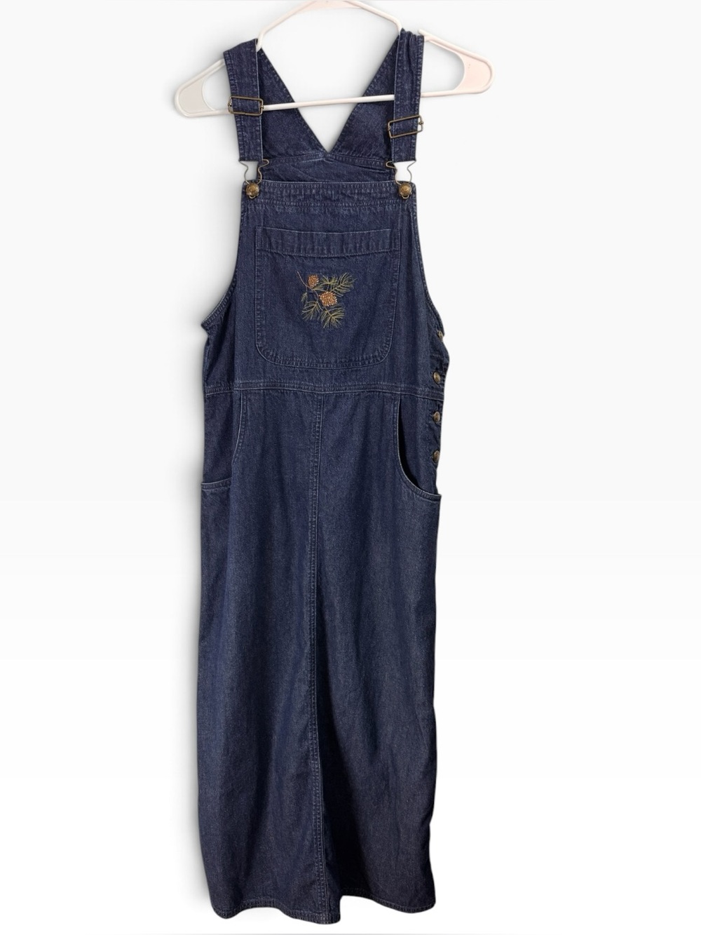 Vintage Woolrich Size Small Midi Pinecone Embroidered Denim Jumper Overall Dress